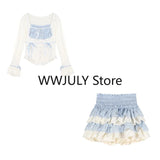 Yipinpay Summer Kawaii Lolita Suit Japanese Style Slim Lace Tops + Bodycon Y2k Mini Skirt Fashion Cake Skirt Girls Party 2 Piece Set