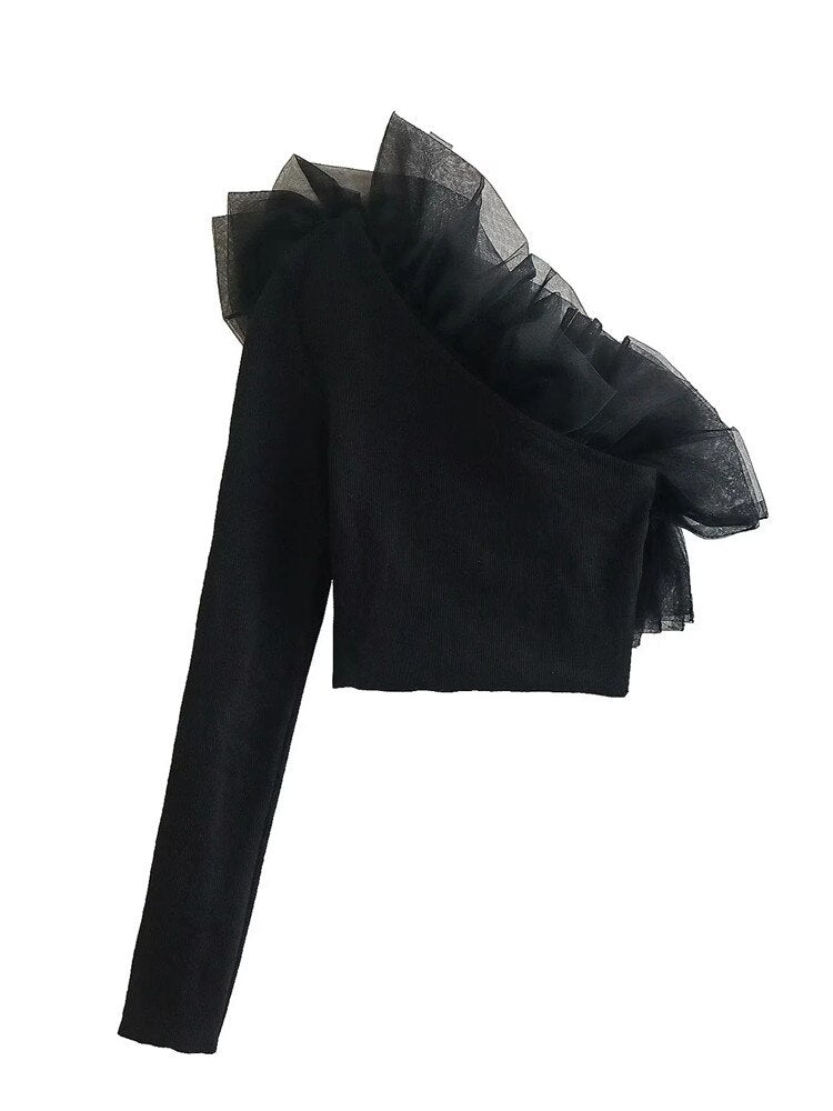 Yipinpay Ruffle Black Crop Top Women Asymmetric Knit Top Female Off Shoulder Long Sleeve Autumn Blouse Woman 2023 Organza Sexy Tops