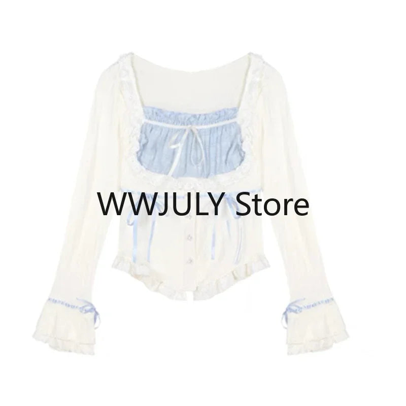 Yipinpay Summer Kawaii Lolita Suit Japanese Style Slim Lace Tops + Bodycon Y2k Mini Skirt Fashion Cake Skirt Girls Party 2 Piece Set
