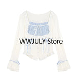 Yipinpay Summer Kawaii Lolita Suit Japanese Style Slim Lace Tops + Bodycon Y2k Mini Skirt Fashion Cake Skirt Girls Party 2 Piece Set