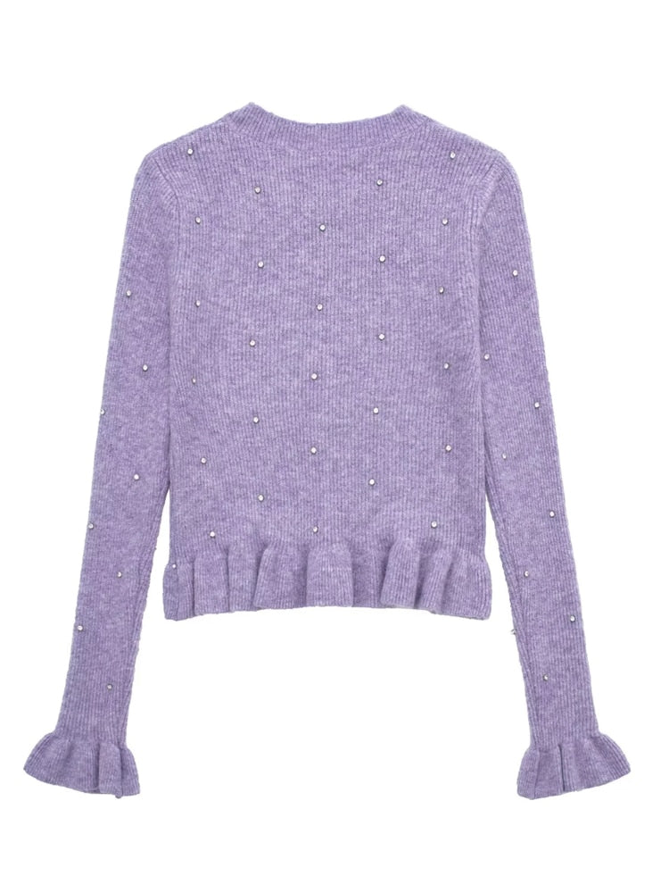 Yipinpay 2023 Purple Knitted Sweater Women Beaded Ruffle Cropped Sweater Woman Jumper Long Sleeve Knit Top Autumn Women's Pullover