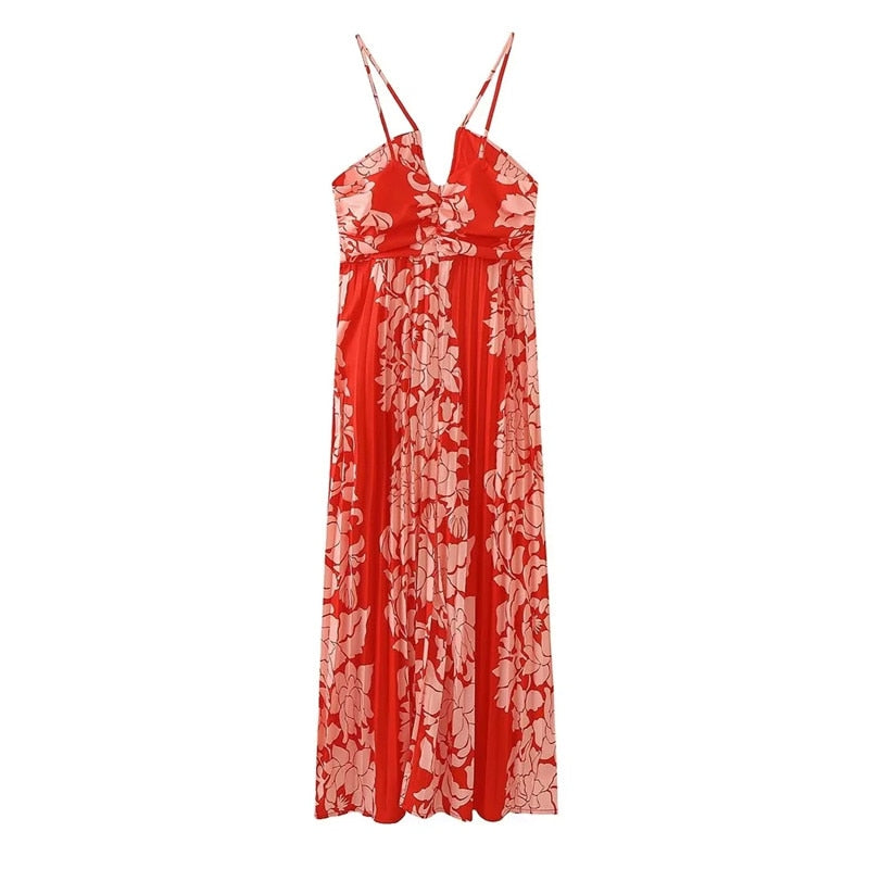 Yipinpay 2023 Pleated Floral Dress Woman Red Backless Slip Long Dress Women Summer Holiday Beach Dresses Sexy Midi Party Dresses