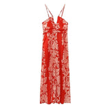 Yipinpay 2023 Pleated Floral Dress Woman Red Backless Slip Long Dress Women Summer Holiday Beach Dresses Sexy Midi Party Dresses