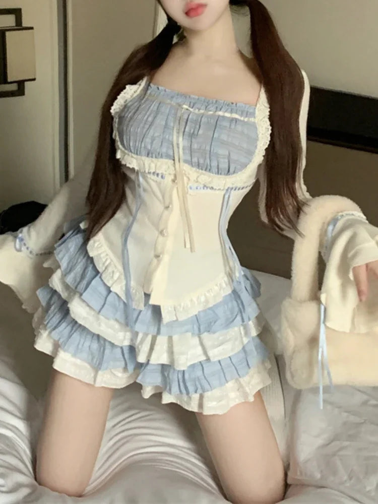 Yipinpay Summer Sweet French Skirt 2 Piece Set Women Evening Party Slim Y2k Crop Top + Office Lady Casual Mini Skirt Korean Fashion