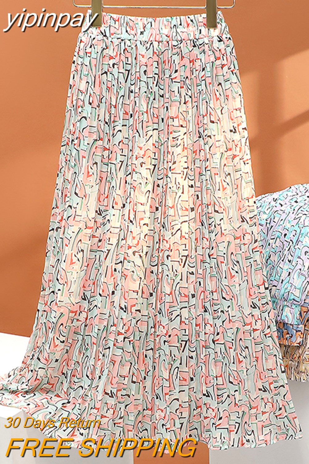 yipinpay 2023 Korean Stylish Pleated Skirts for Women Fairy Spring Summer Midi Skirt Ladies Printed Slim A-line Faldas Female