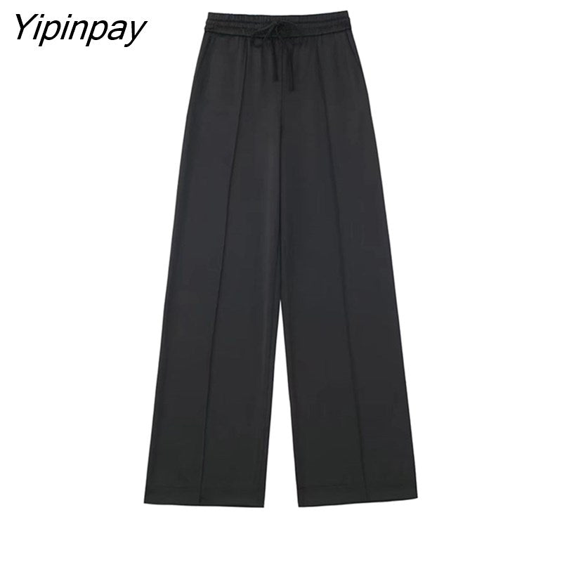 Yipinpay 2023 Spring Autumn Women Black Blouse Suit Oversized Fashion Single Breasted Pocket Top 2 Pcs Wide Leg Pants Street Outwear