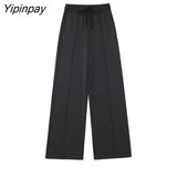 Yipinpay 2023 Spring Autumn Women Black Blouse Suit Oversized Fashion Single Breasted Pocket Top 2 Pcs Wide Leg Pants Street Outwear