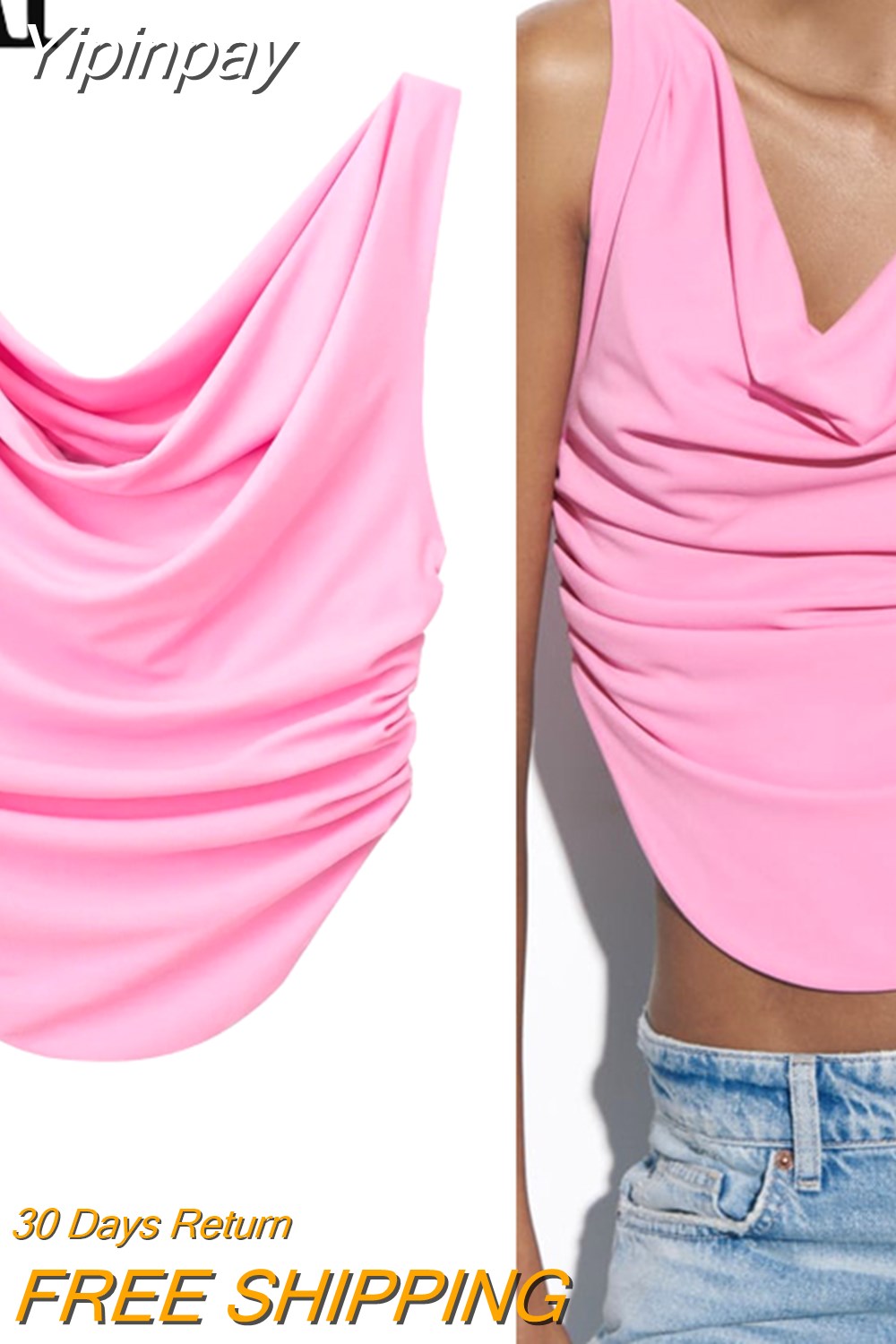 Yipinpay 2023 Pink Crop Top Women Ruched Tank Tops Y2k Streetwear Sleeveless Sexy Tops Woman Fashion Asymmetric Summer White Top
