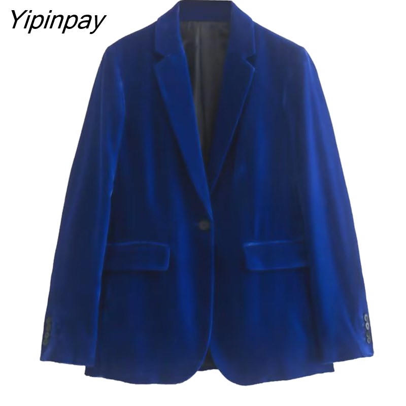 Yipinpay Women Autumn Velvet Blazer Jackets Pants Set 2023 Simple Office Single Button Coat Female Oversize Clothes Outerwear