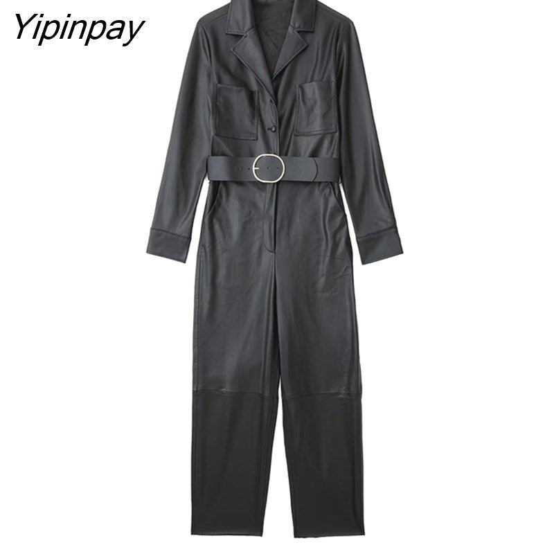 Yipinpay 2023 Fashion Women Faux Leather Jumpsuits With Belt Spring Autumn Vintage Long Sleeve Notched Female Causal Playsuits Mujer