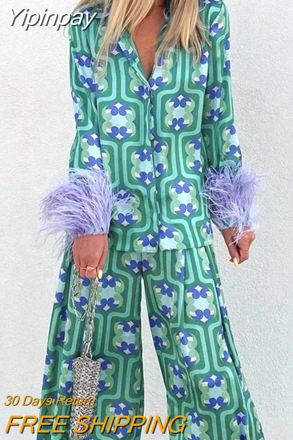 Yipinpay 2023 Print Feather Top Female Baggy Button Up Shirt Woman Feather Cuffs Women Shirt Long Sleeve Summer Blouses And Shirts