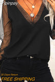 Yipinpay Woman Blouses Shirt Contrast Mesh Long Sleeve Top T-Shirts Pullover Tops Autumn Winter New Fashion Casual