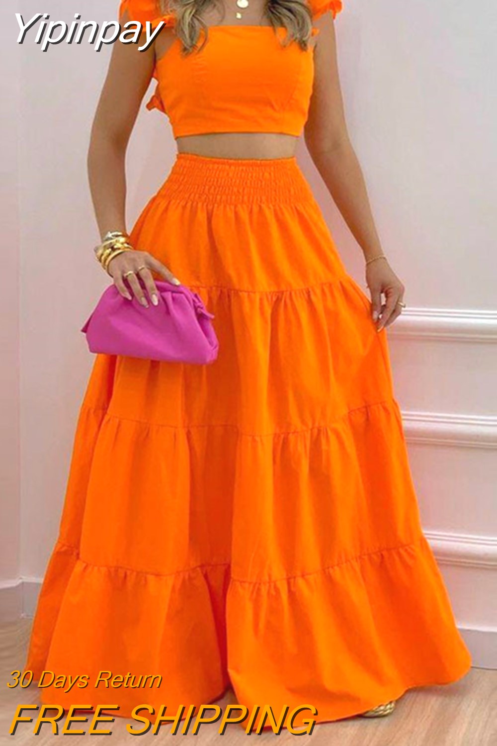 Yipinpay Female Hot Style Ruffled Suspenders Pleated Back Crop Top and Long Skirt Solid Color Two-piece Set Women 2023 Fashion