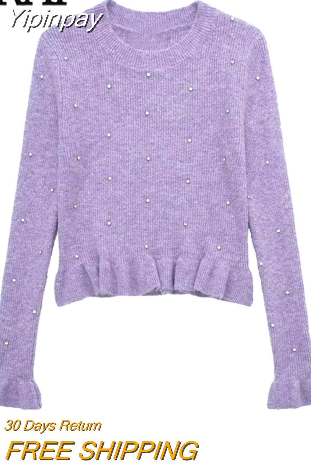 Yipinpay 2023 Purple Knitted Sweater Women Beaded Ruffle Cropped Sweater Woman Jumper Long Sleeve Knit Top Autumn Women's Pullover