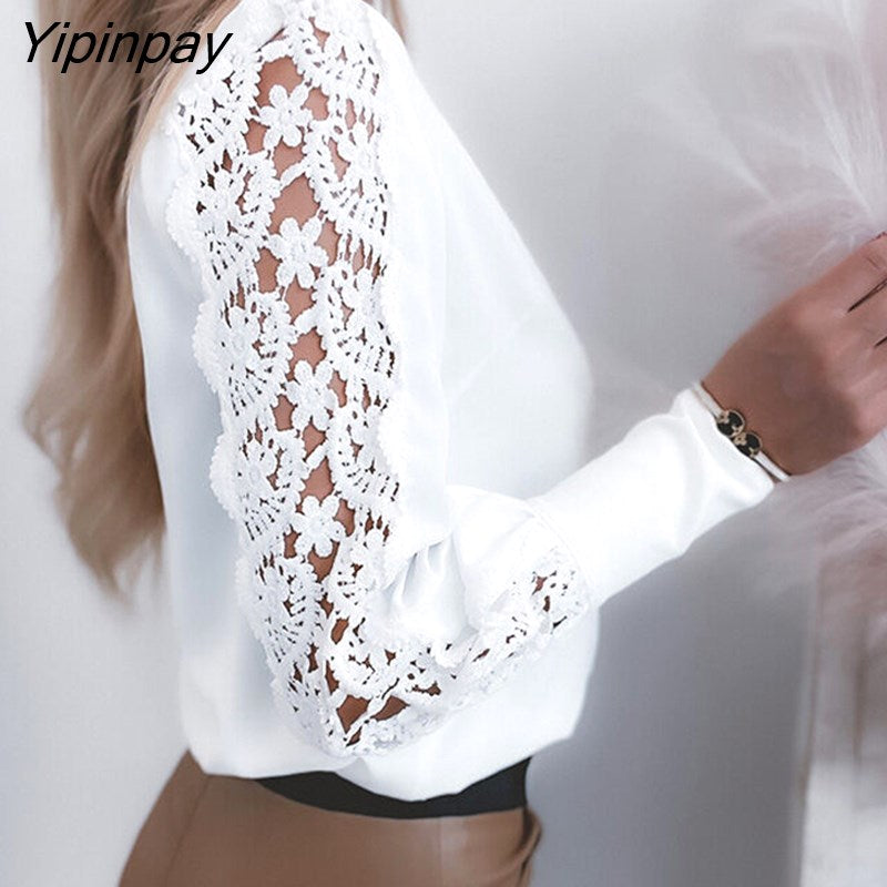 Yipinpay Women Solid Hollow-out Disty Floral Hem Lace-up Long Sleeve Sexy Blouses White Tops