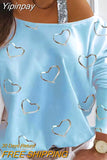 Yipinpay New Casual Tee Women's Tops Heart Pattern Sequins Cold Shoulder Long Sleeve T-Shirt Women's Clothing Autumn Spring