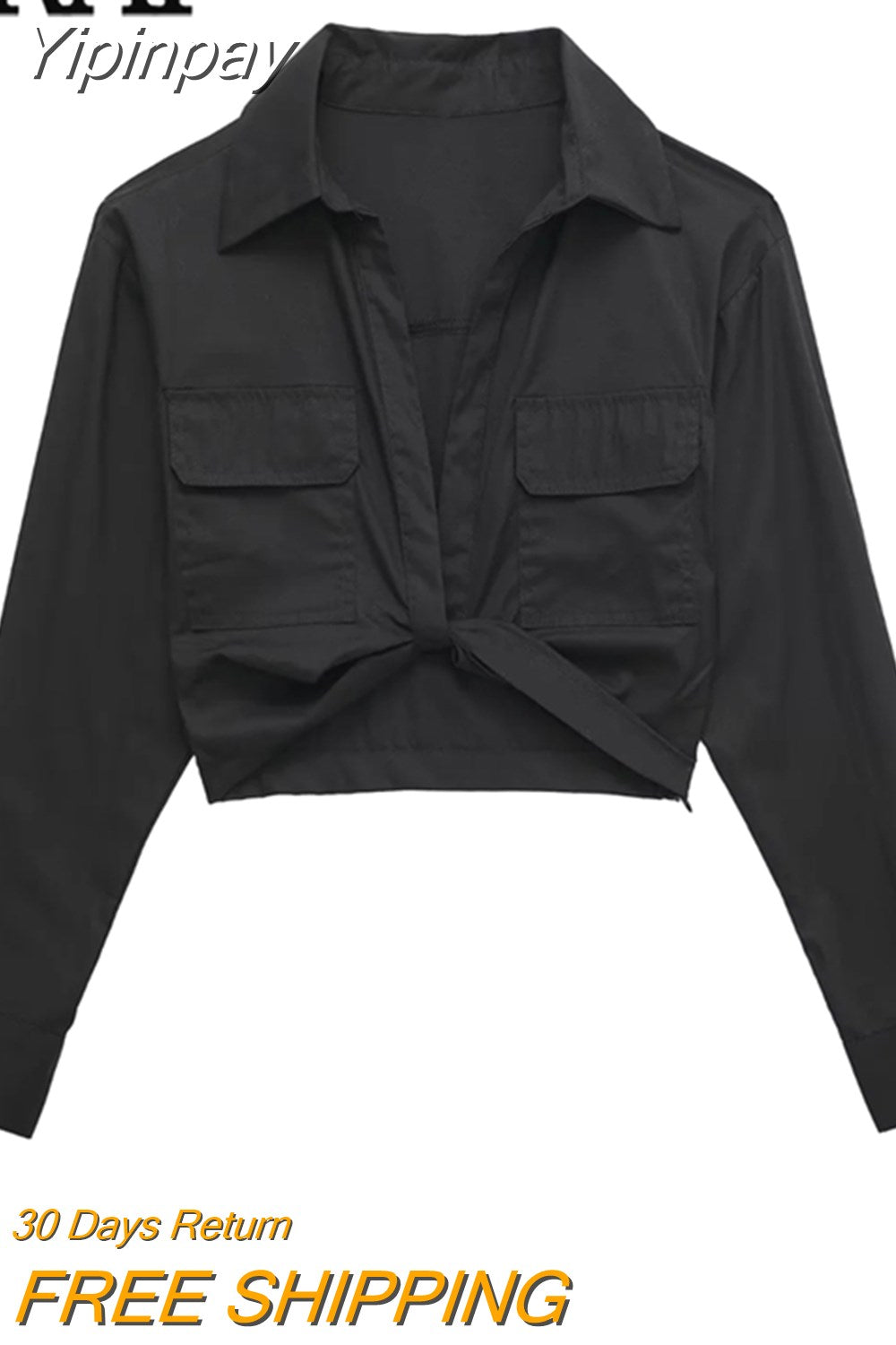 Yipinpay Knot Black Shirt Women Cropped Shirts And Blouses Women Casual Chic Woman Blouse Fashion Streetwear Long Sleeve Top Female
