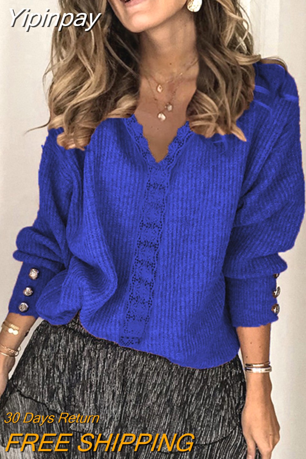 Yipinpay autumn and winter new lace V-neck coat head sweater ladies loose long sleeve solid color sweater pullover tops