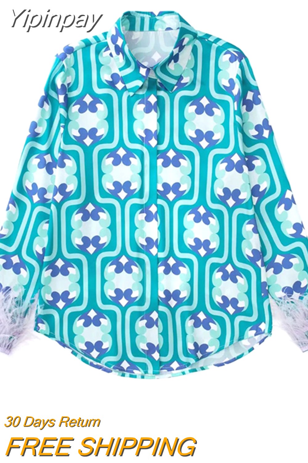 Yipinpay 2023 Print Feather Top Female Baggy Button Up Shirt Woman Feather Cuffs Women Shirt Long Sleeve Summer Blouses And Shirts