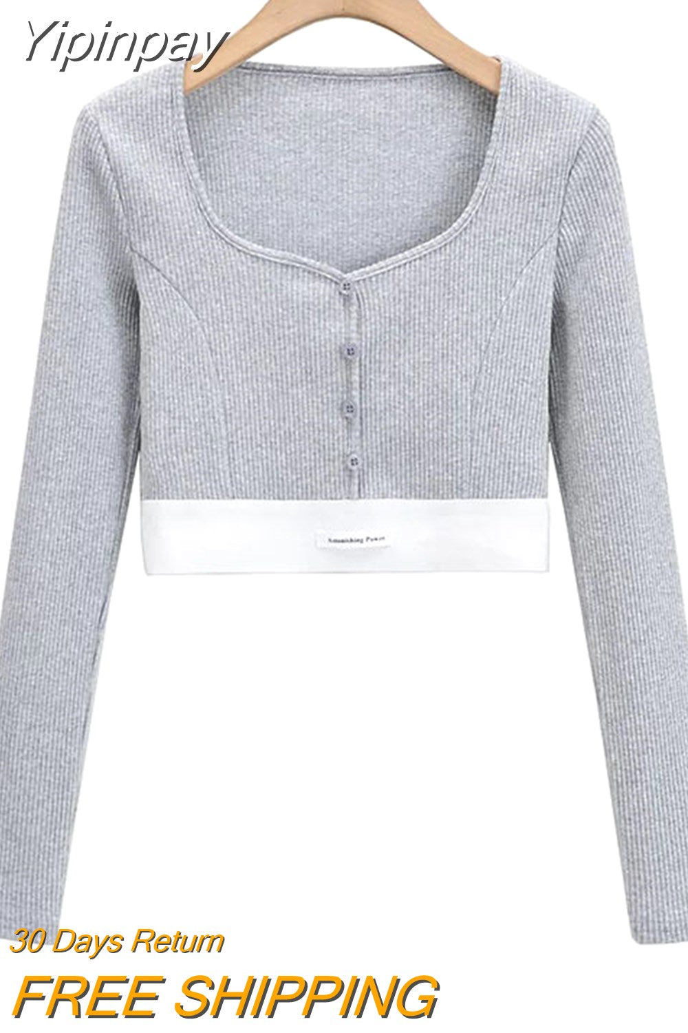 Yipinpay Fashion Patchwork Y2k Crop Tops Women Spring Autumn Slim Square Neck T Shirt Streetwear Single Breasted Long Sleeve Top