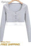 Yipinpay Fashion Patchwork Y2k Crop Tops Women Spring Autumn Slim Square Neck T Shirt Streetwear Single Breasted Long Sleeve Top