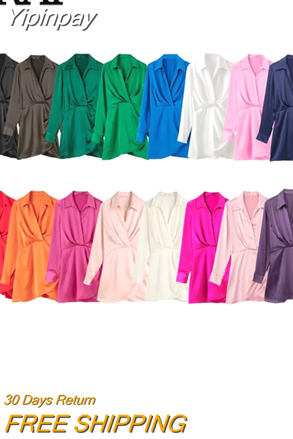 Yipinpay 2023 Satin Shirt Dress Woman Multicolor Short Dresses For Women Long Sleeve Mini Dress Elegant Casual Women's Dresses