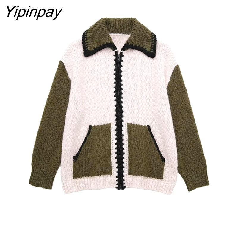 Yipinpay 2023 Autumn Women Patchwork Knitted Sweater Coat Warm Zipper Cardigan Turn Down Collar Long Sleeve Chic Soft Tops