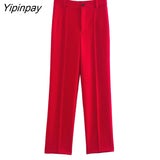 Yipinpay 2023 Ladies Red Blazer Suit 2Pcs Office Outfits Single Button Jacket+Zipper Trousers Basic Long Pant Autumn Winter