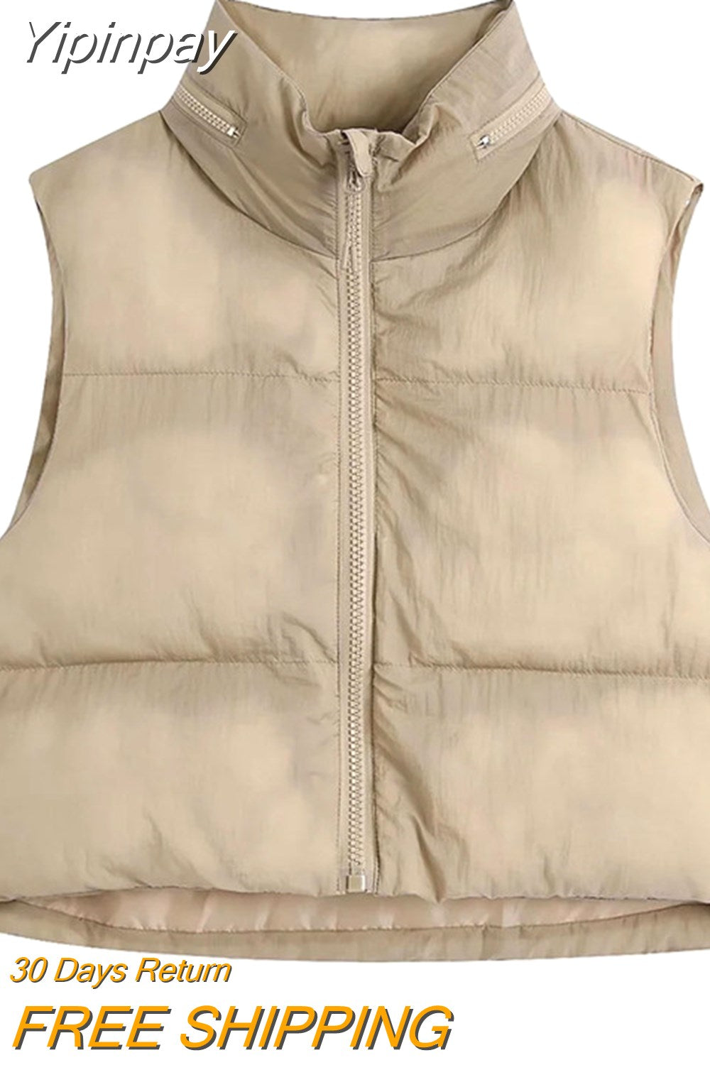 Yipinpay 2023 Winter Black Cropped Vest Coat Women Fashion Keep Warm Sleeveless High Collar Zip Up Wasitcoats Woman Casual Vest Top