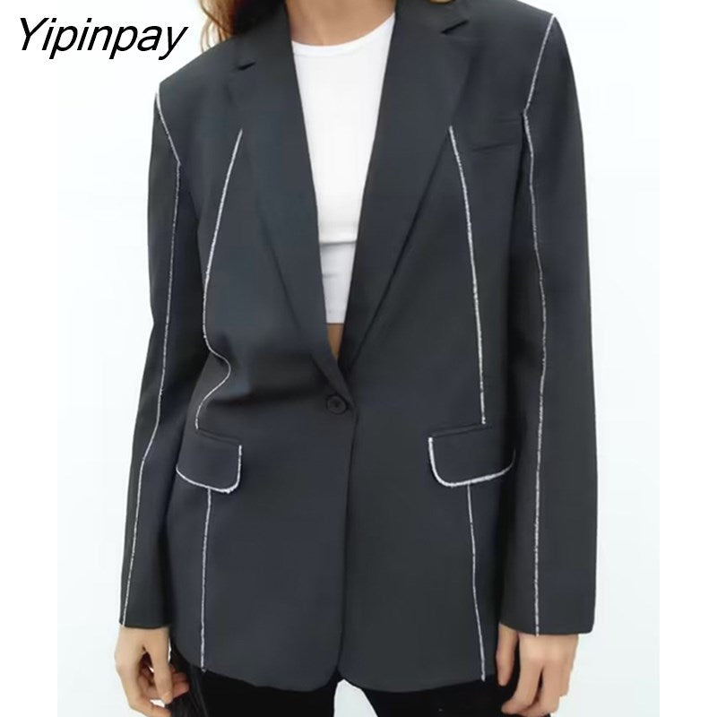 Yipinpay Women Fashion Single Button Blazer Coat 2023 Vintage Long Sleeve Flap Pockets Female Outerwear Chic Vestes Femme