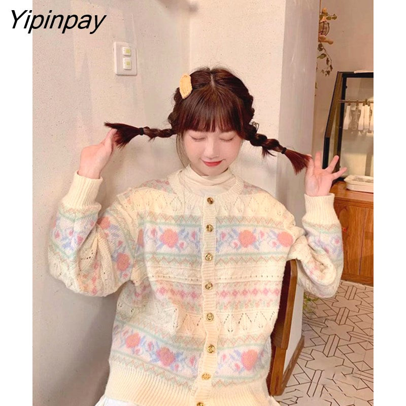 Yipinpay New Spring Women Cardigans Loose Hollow out Sweet Japan style Knitted Cotton coat Floral embroidery female Cardigans