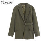Yipinpay Spring Autumn Women Hollow Out Blazer Coat With Belt Vintage Notched Long Sleeve Jacket Fashion Pockets Outerwear Tops