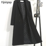 Yipinpay Cotton Mixed Black Woolen Coat Women's Long Winter Korean Version Slim Fitting Thickened With