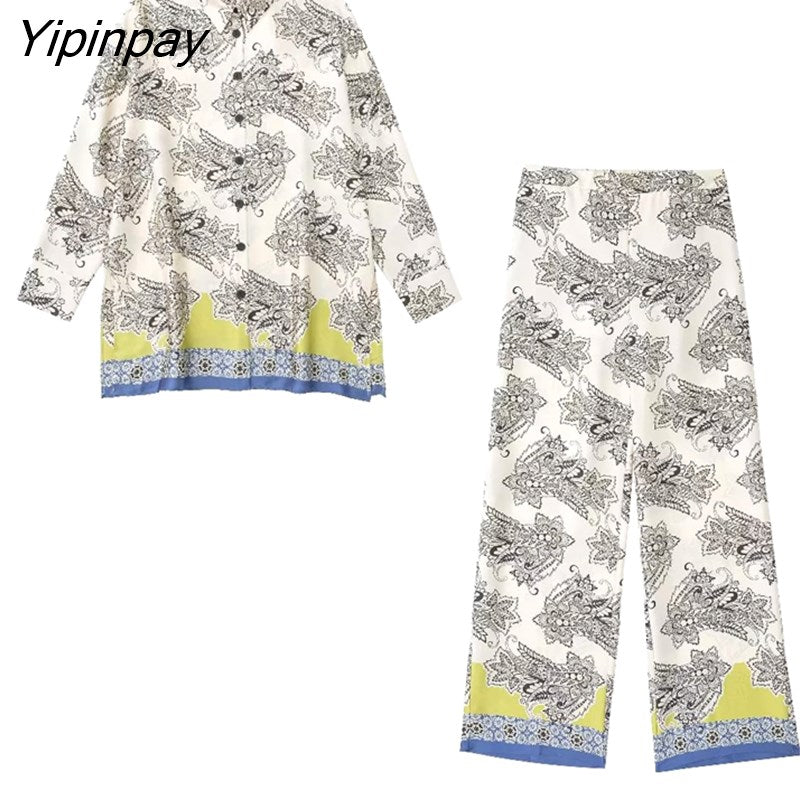 Yipinpay 2023 Spring Autumn Women Printed Shirts Suit Oversized Fashion Single Breasted Blouses 2 Pcs Wide Leg Pants Street Outwear