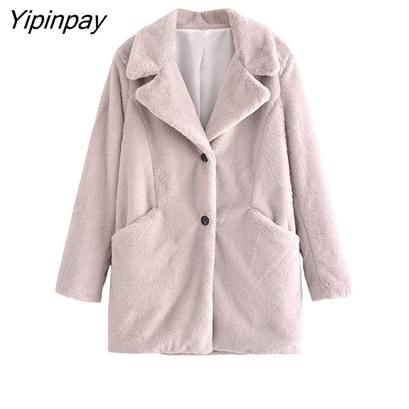 Yipinpay 2023 Women Faux Fur Thicken Coat Autumn Winter Vintage Warm Long Sleeve Pockets Female Single Breasted Outerwear Chic Tops