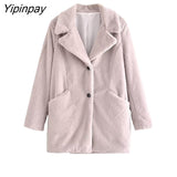 Yipinpay 2023 Women Faux Fur Thicken Coat Autumn Winter Vintage Warm Long Sleeve Pockets Female Single Breasted Outerwear Chic Tops