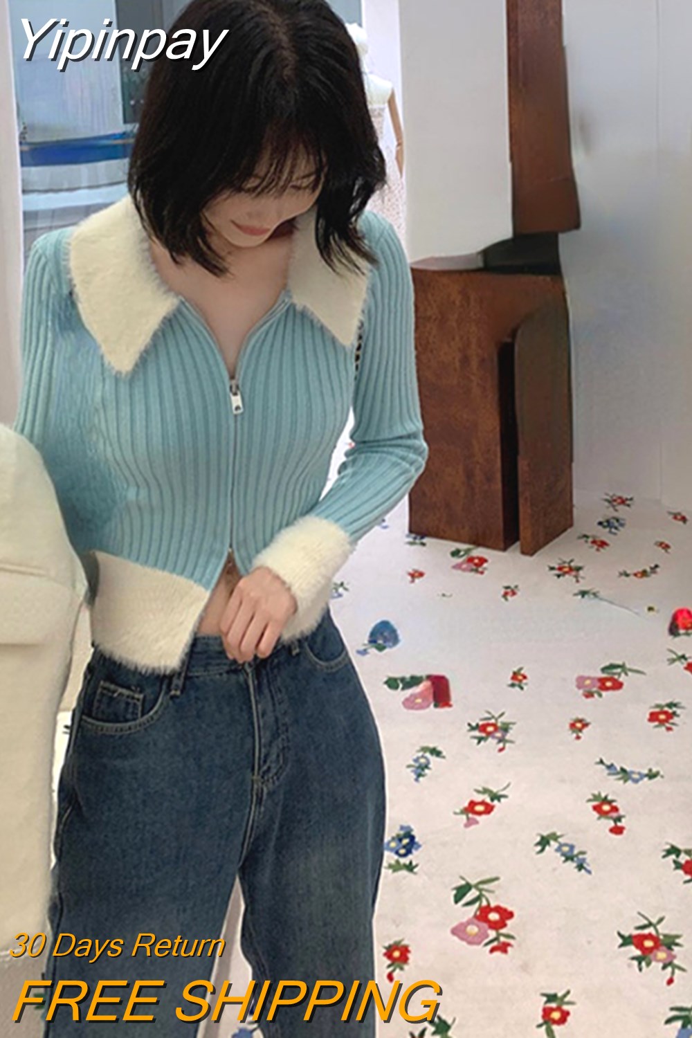 Yipinpay Winter Zipper Design Knitted Sweater Woman Casual Elegant Y2k Crop Tops Office Lady Slim Korean Style Pullover Female Chic