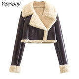 Yipinpay Women Fashion Thick Warm Faux Shearling Jacket Coat 2023 Vintage Long SleeveHem Female Short Outerwear Chic Tops