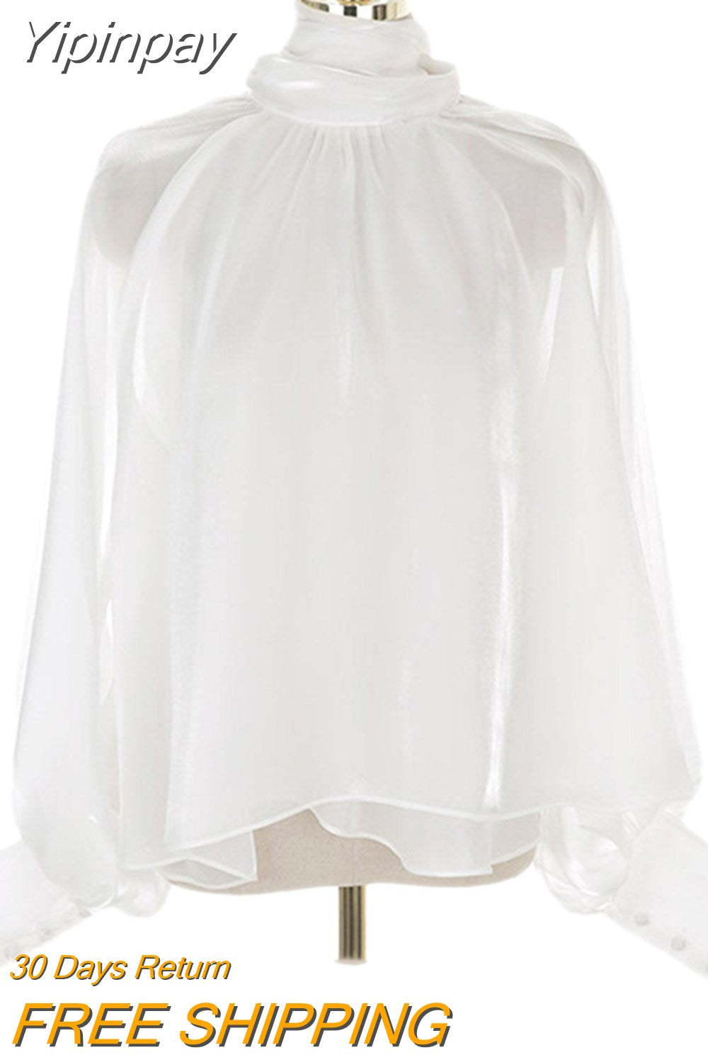 Yipinpay Fashion White Shirts Women French Loose Bow Blouse Female Elegant Turtleneck Puff Sleeve Tops 2023 New