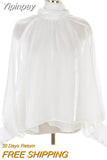 Yipinpay Fashion White Shirts Women French Loose Bow Blouse Female Elegant Turtleneck Puff Sleeve Tops 2023 New