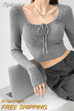 Yipinpay Drawstring Crop Tops Women Spring Autumn New Style Slim Square Neck Long Sleeve T-shirt for Teen Girls Ins Fashion