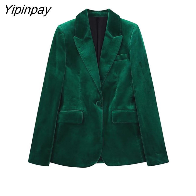 Yipinpay New Women Autumn Velvet Blazer Pants Set 2023 Fashion Office Single Button Jacket Coat Female Oversize Clothes Outerwear
