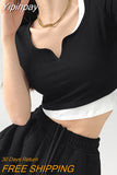 Yipinpay Streetwear Fake Two-piece T-shirts Women Summer Slim V-neck Short Sleeve Patchwork Crop Tops New