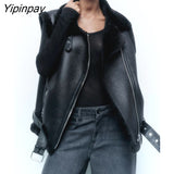 Yipinpay Women Fashion Winter Faux Leather Vest Jacket 2023 Fleece lLning Thicken Warm Coat Vintage PU Female Waistcoat Chic Tops