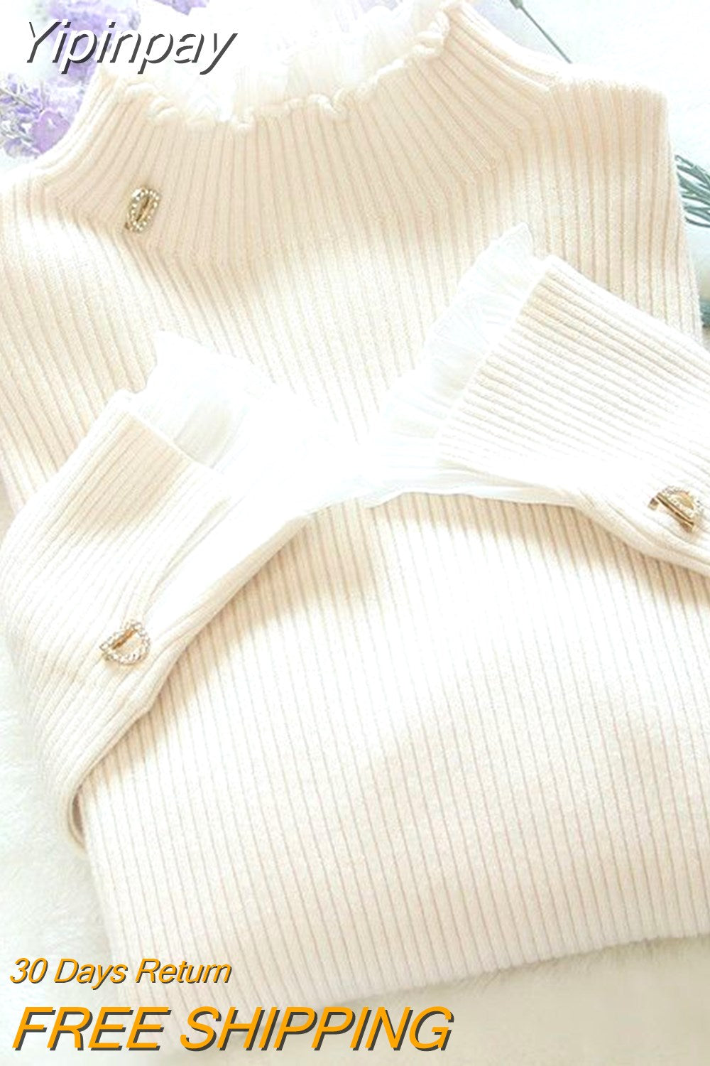 Yipinpay bottoming sweater fake two-piece pullover lace lotus leaf fungus edge collar top female autumn summer new bell sleeves