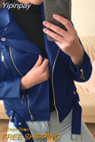 Yipinpay Winter Women's Zipper Artificial Leather Jacket Lapel Long Sleeve Short PU Motorcycle Clothing Slim Jacket coat