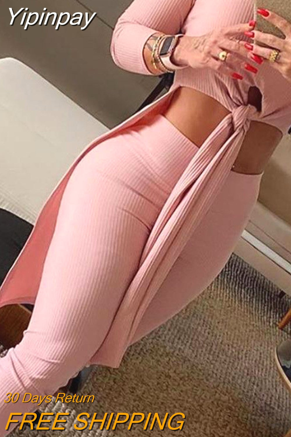 Yipinpay Women Round Neck Long-sleeved Split-knot Top & High-waisted Trousers Two-piece Suit Female Casual Pants Set Solid Color  2023 Ne