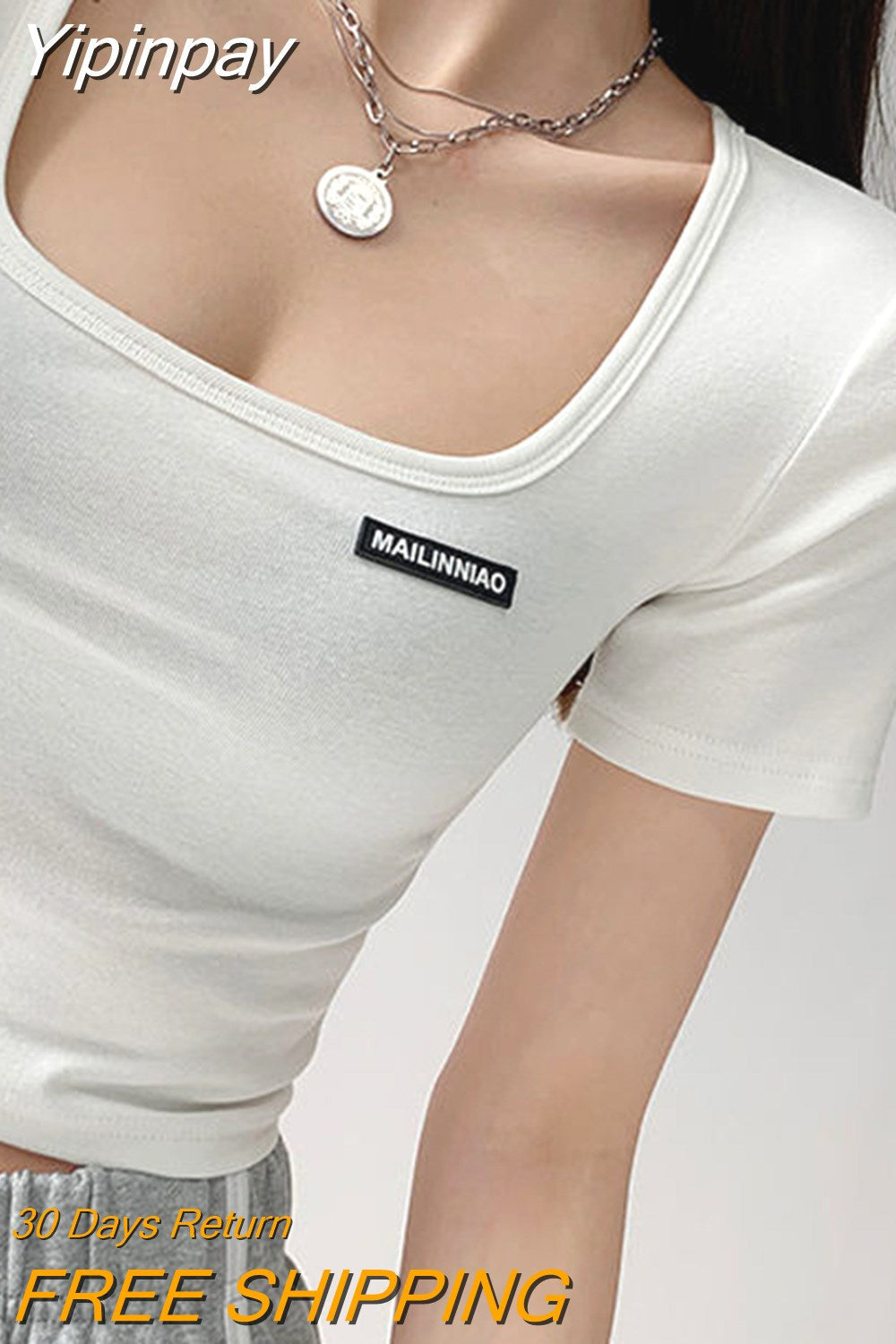 Yipinpay Square Neck Tops Women Summer Tight Short Sleeve Tees Solid Color Cropped Top Female 2023 New