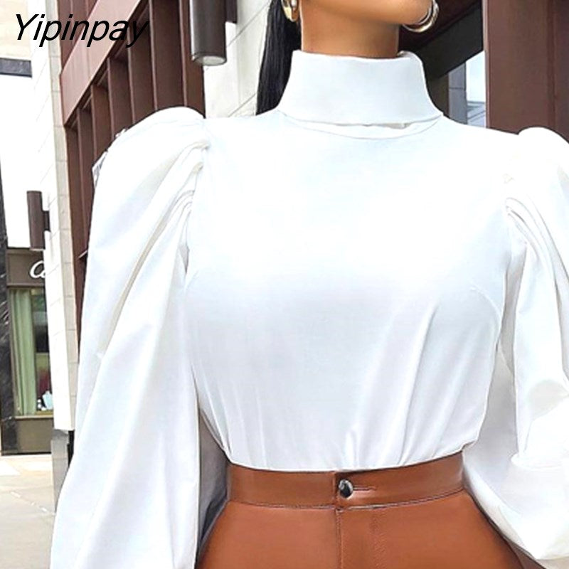 Yipinpay Women Fashion Elegant Solid Long Puff Sleeves Basic Lace Up Formal Working Blouses Tops