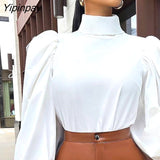 Yipinpay Women Fashion Elegant Solid Long Puff Sleeves Basic Lace Up Formal Working Blouses Tops